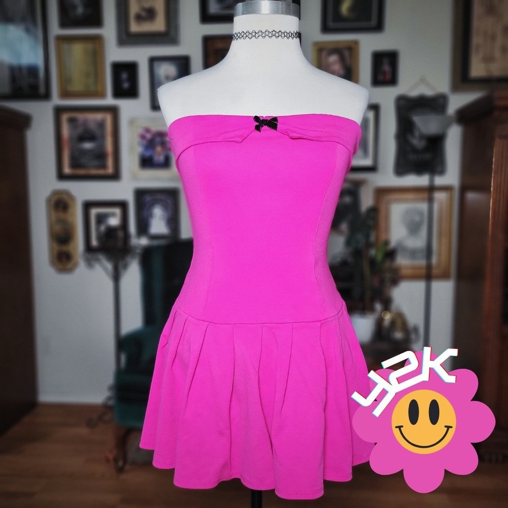 Monaco Pink Strapless‎ Dress Y2K Pleated Hem Bow Accent Hot Pink Women Small